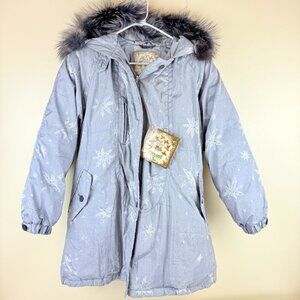 NWT Cyclone Down Coat Parka – Gray Snowflake Print, Faux-Fur Hood, Size M